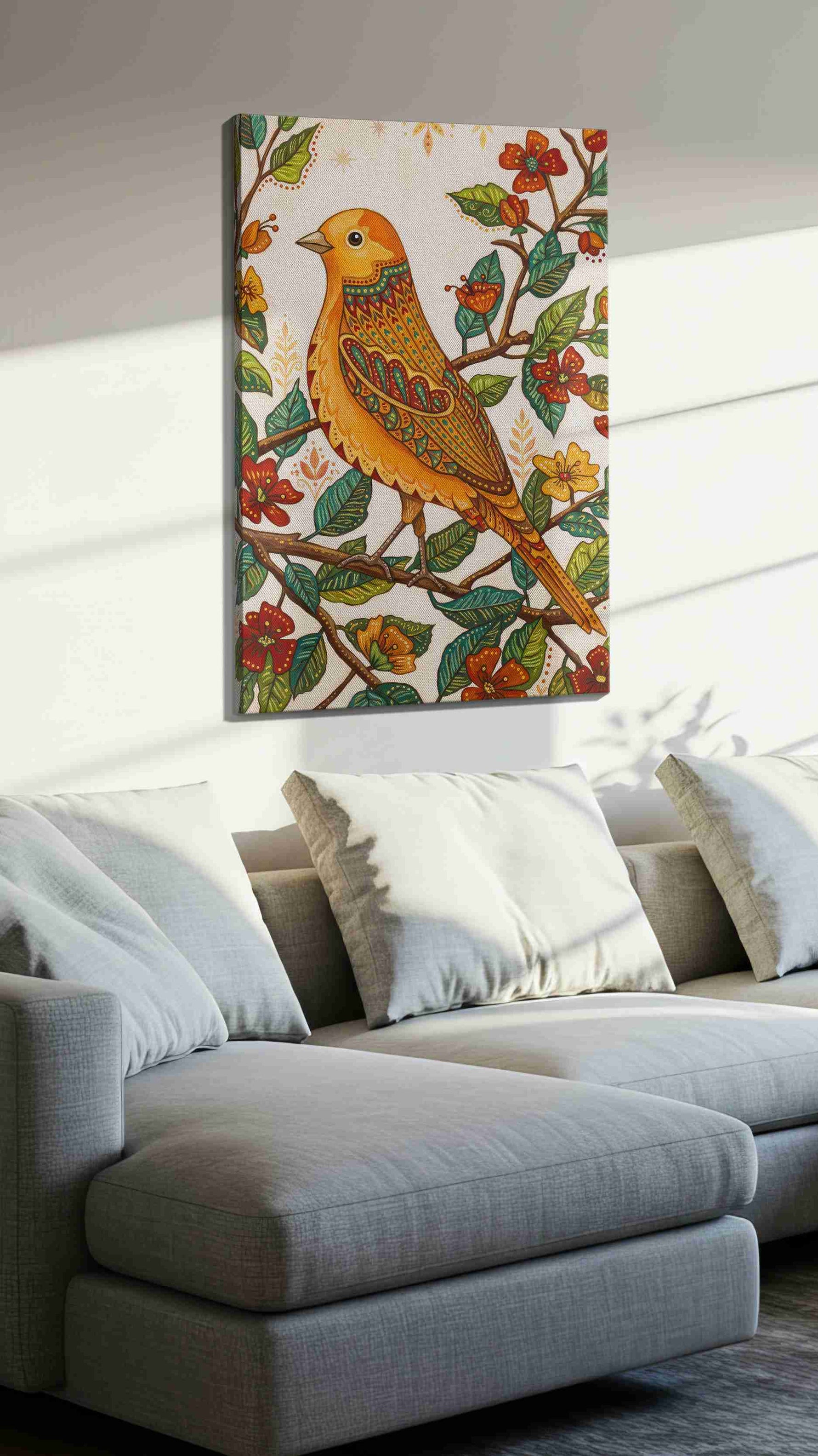 Songbird Serenade birds canvas print, displayed in a living room