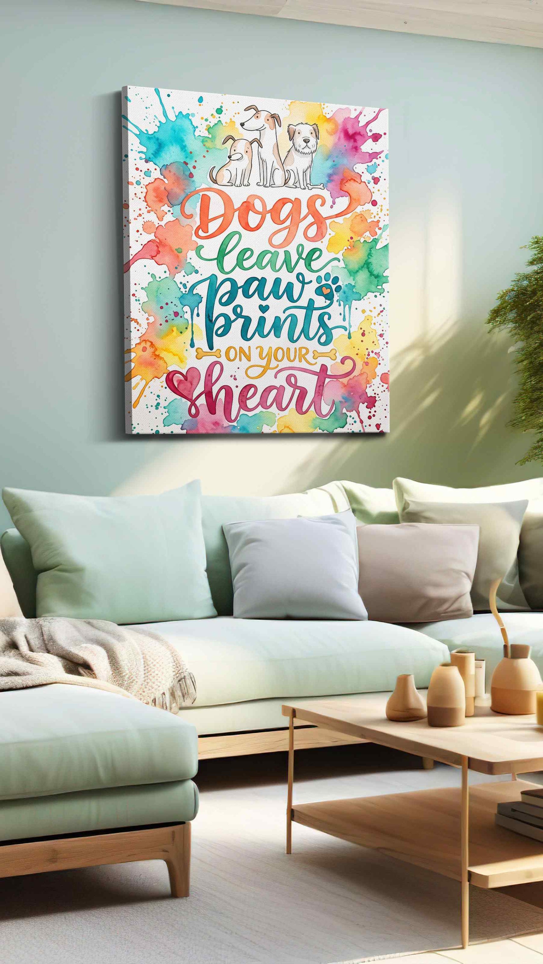 Paw Prints of Love dogs canvas print, hanging on wall