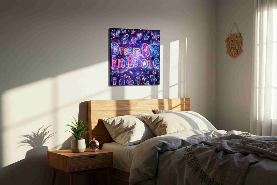 Cosmic Dreams of Wonder motivational canvas print, displayed in a bedroom