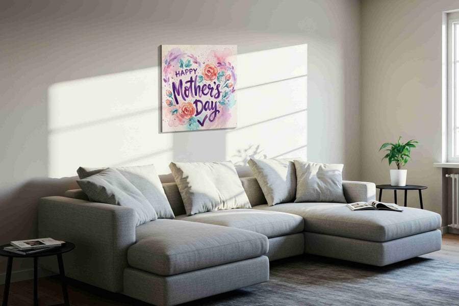 Blooming Mother's Love typography canvas print, displayed in a living room
