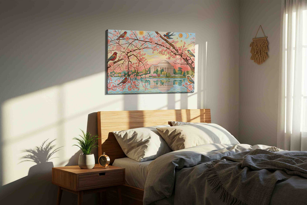 Blossoms Over Jefferson spring canvas print, displayed in a bedroom