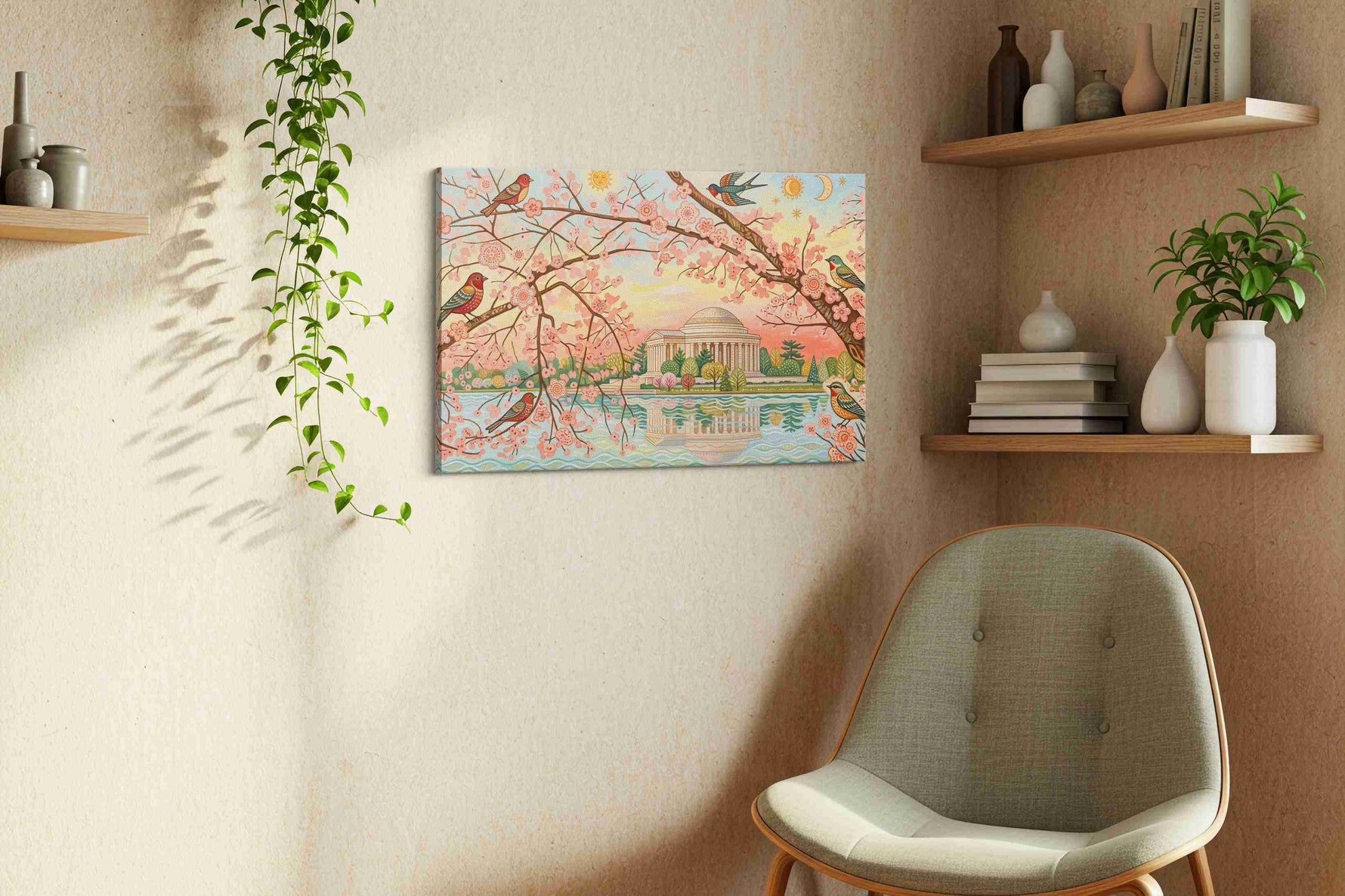 Blossoms Over Jefferson spring canvas print, displayed in a living room