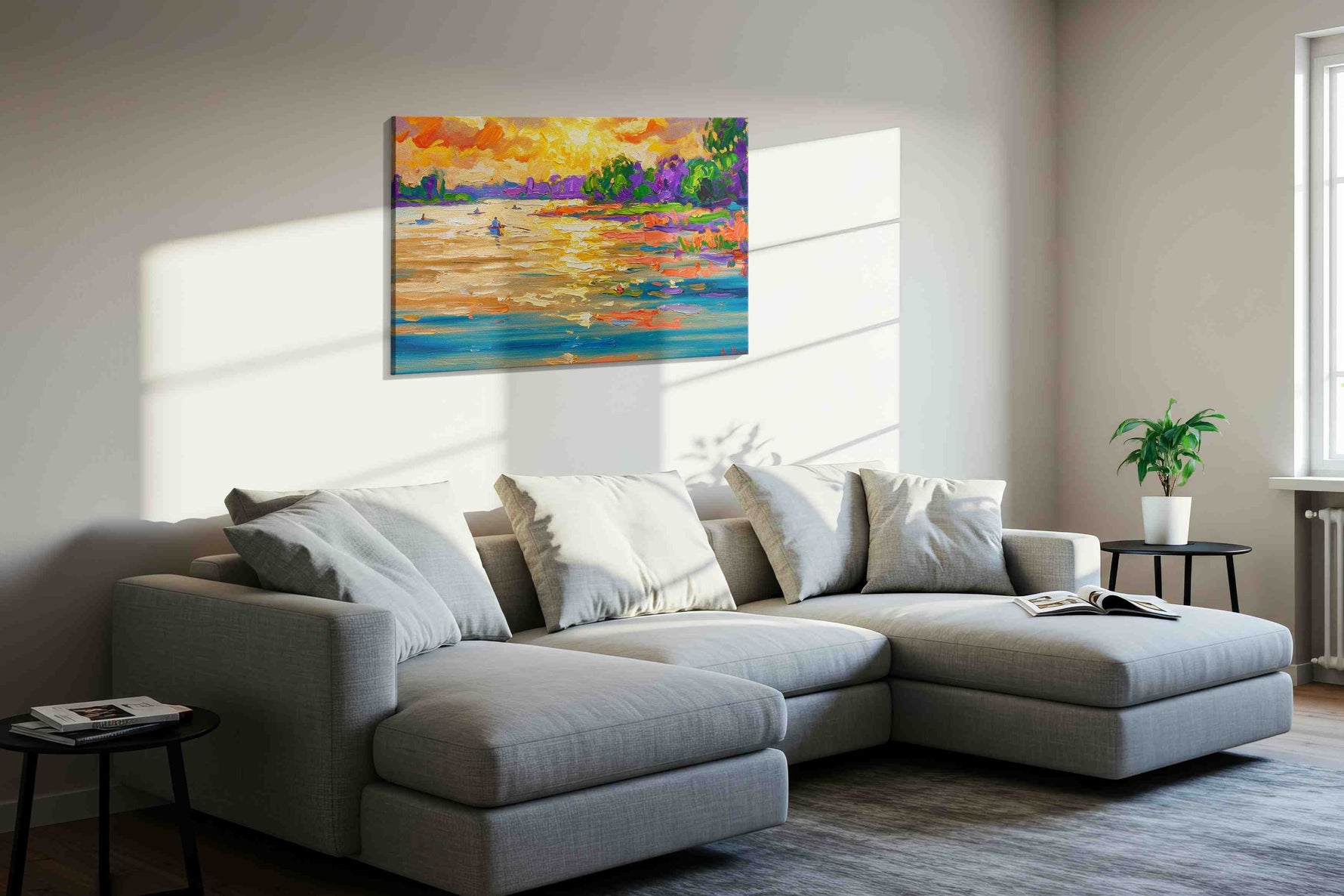 Radiant River Serenade summer canvas print, displayed in a living room