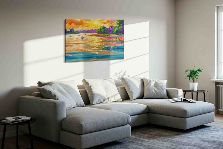 Radiant River Serenade summer canvas print, displayed in a living room