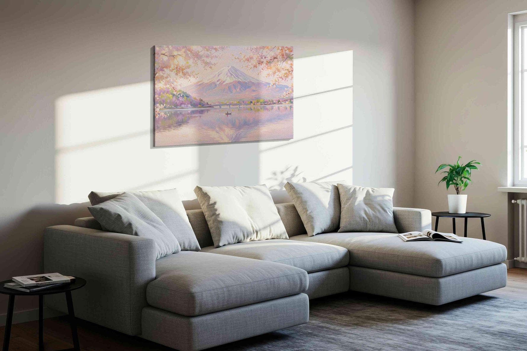 Serenade of Sakura and Snow spring canvas print, displayed in a living room