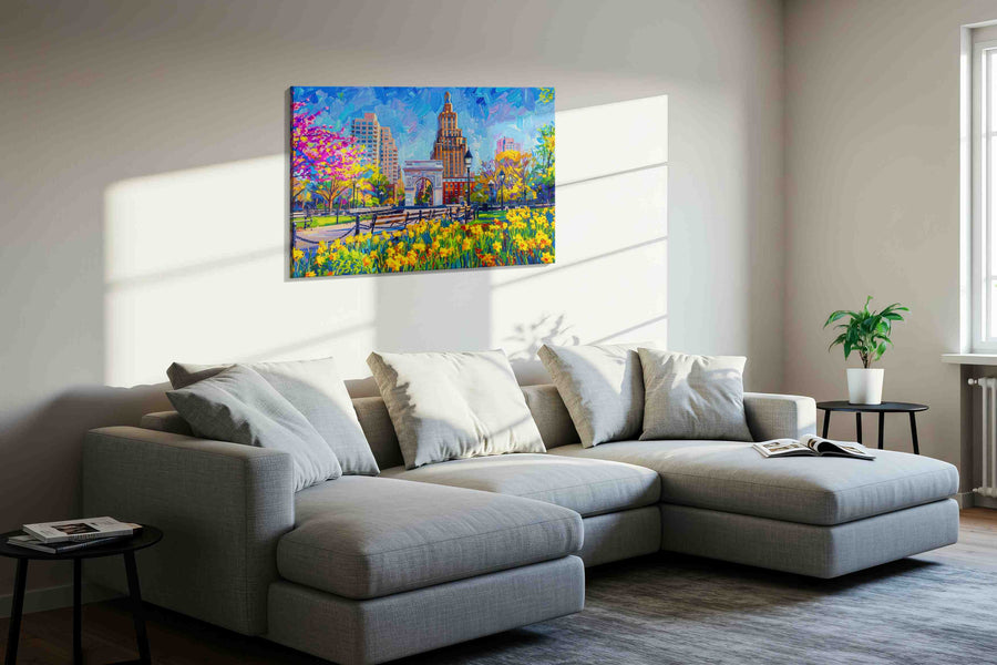 Spring Harmony in the City spring canvas print styled in a living room