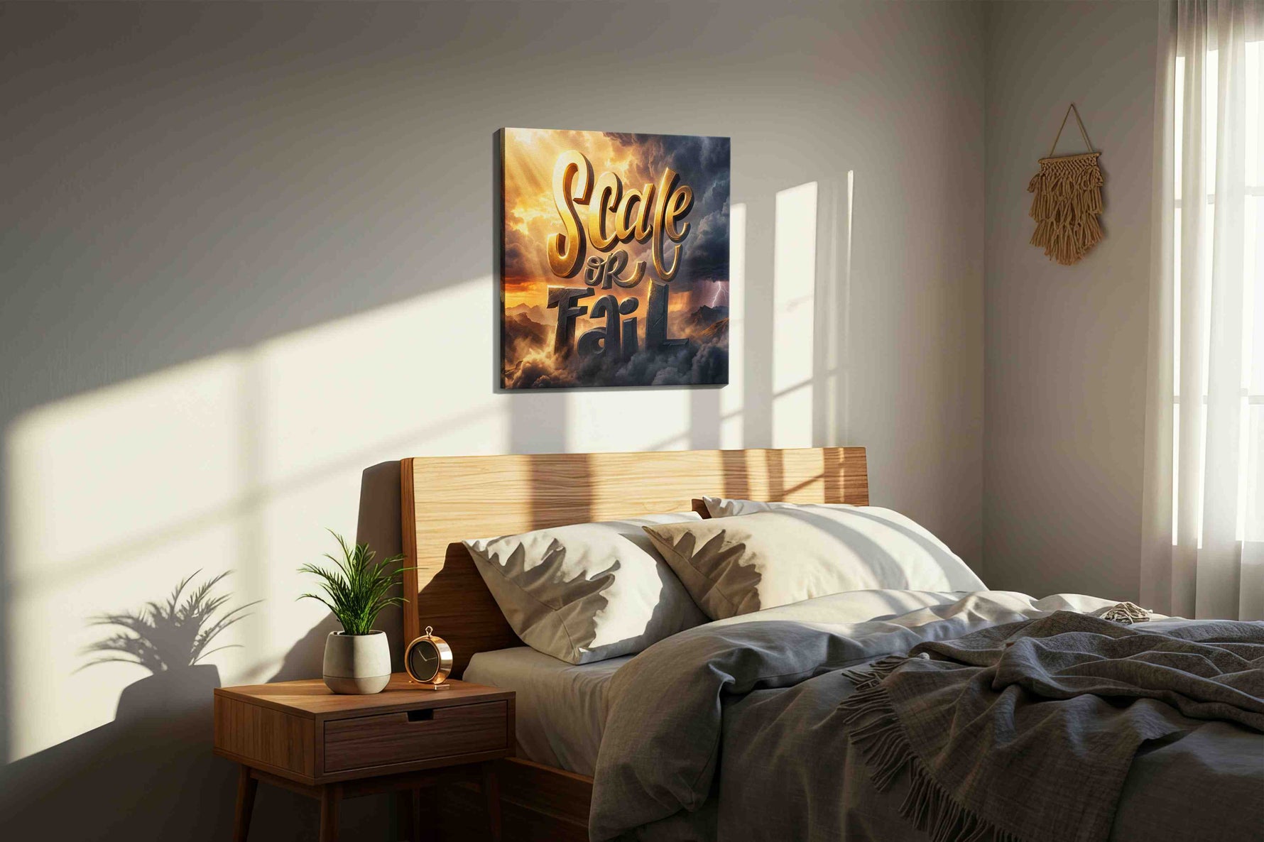Ascend or Descend motivational canvas print, displayed in a bedroom