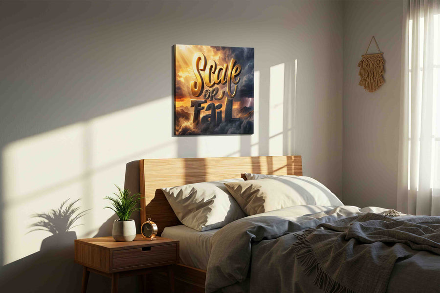 Ascend or Descend motivational canvas print, displayed in a bedroom