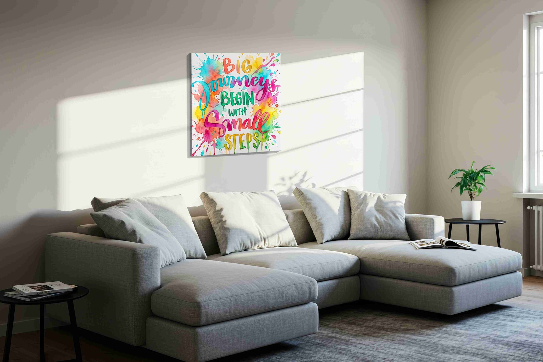 Colorful Beginnings motivational canvas print, displayed in a living room