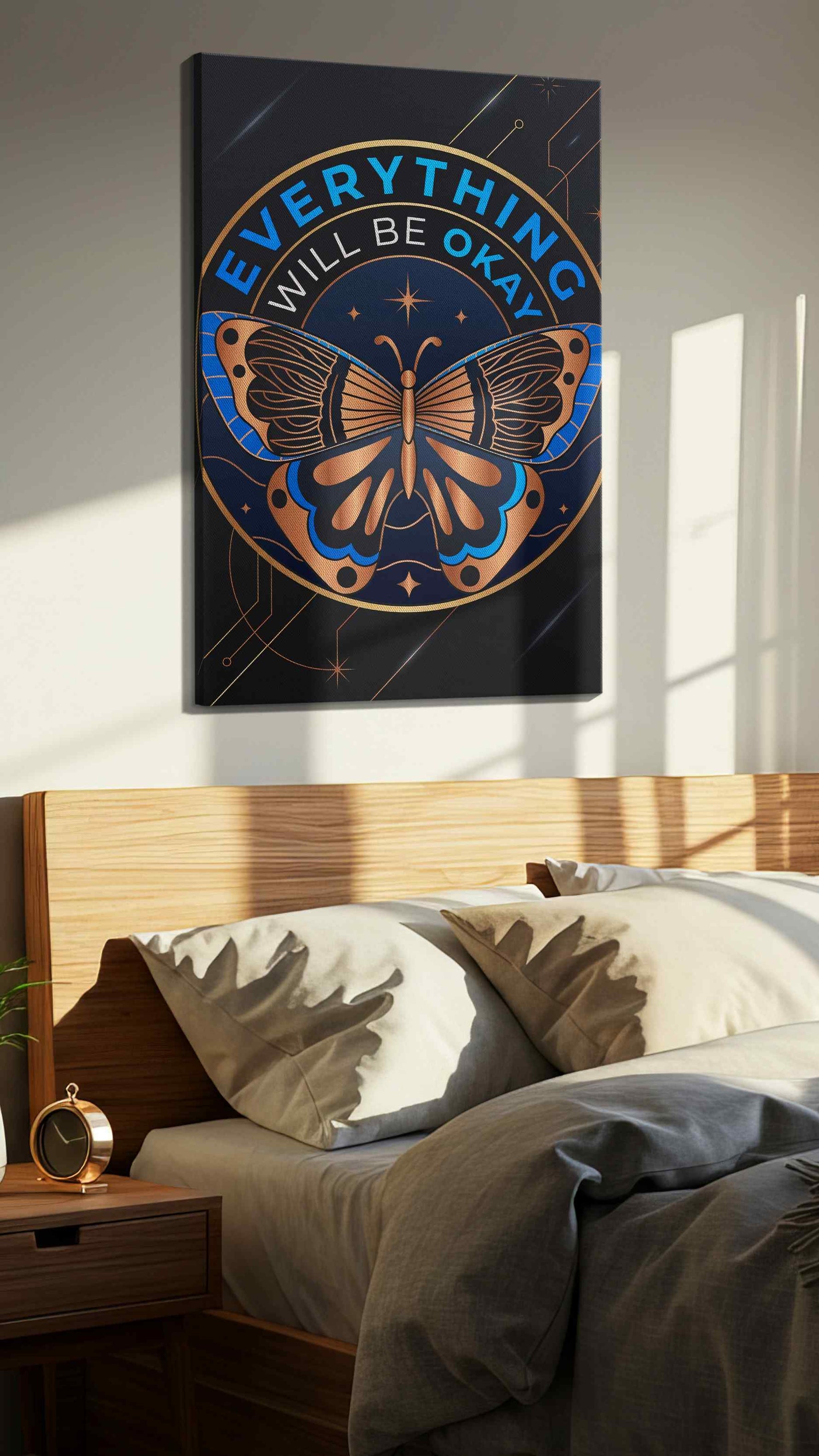 Cosmic Butterfly Assurance motivational canvas print, displayed in a bedroom