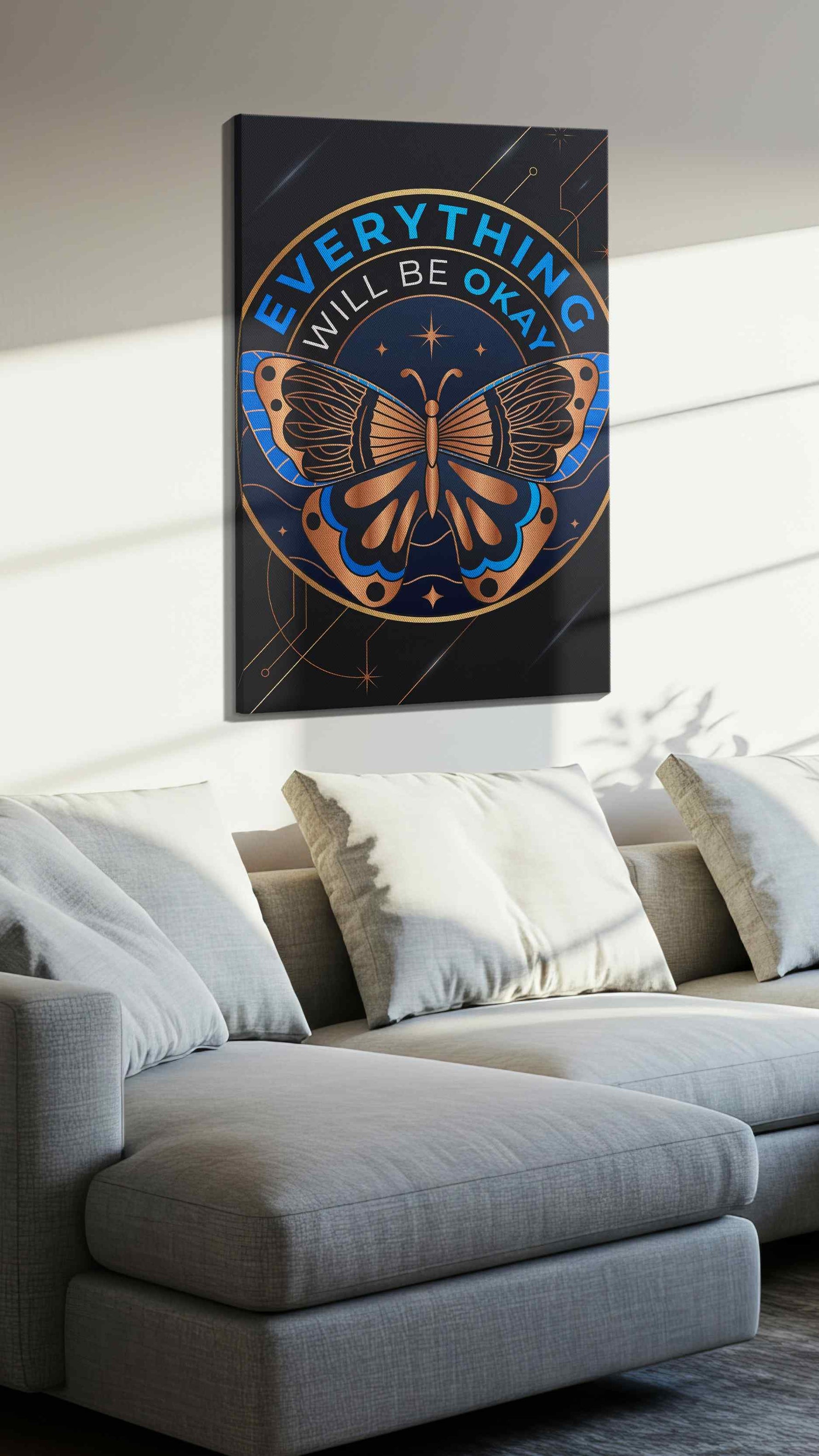 Cosmic Butterfly Assurance motivational canvas print, displayed in a living room