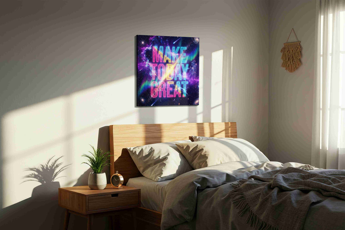 Cosmic Inspiration motivational canvas print, displayed in a bedroom