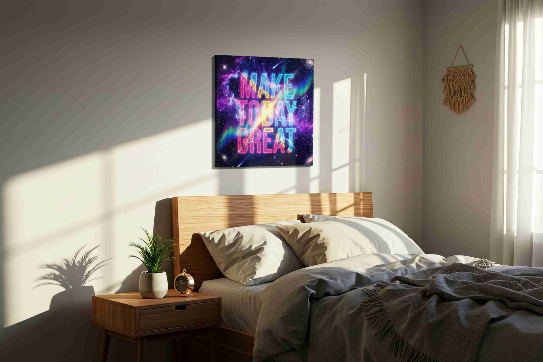 Cosmic Inspiration motivational canvas print, displayed in a bedroom