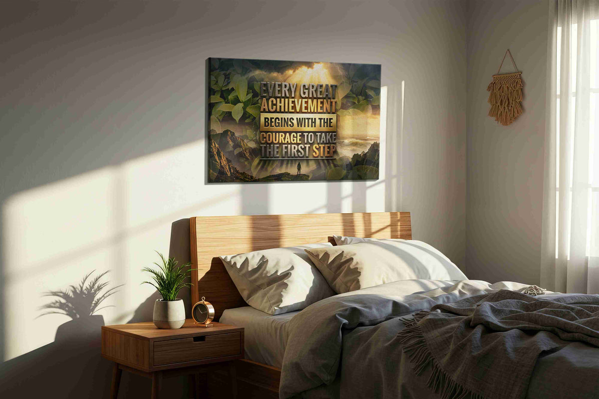 Courageous Dawn motivational canvas print, displayed in a bedroom