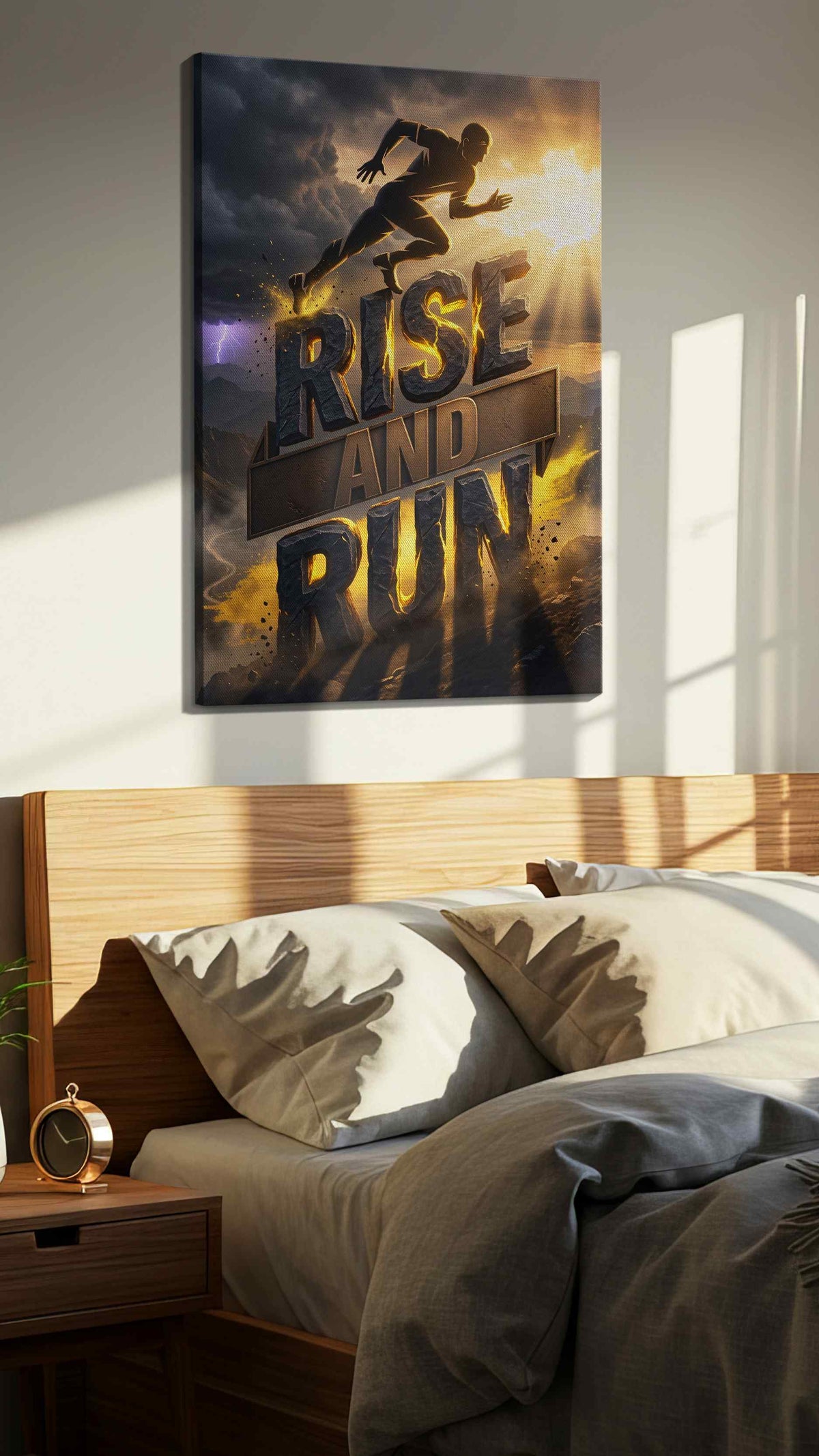 Dawn of Determination motivational canvas print, displayed in a bedroom