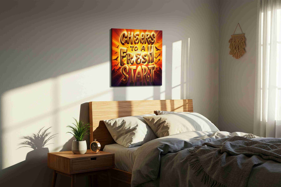 Dawn of New Beginnings motivational canvas print, displayed in a bedroom