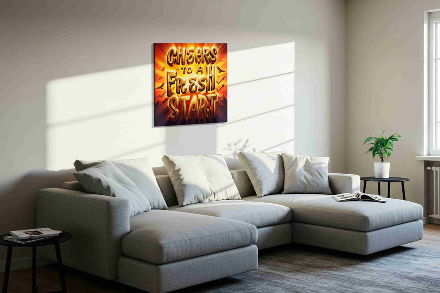 Dawn of New Beginnings motivational canvas print, displayed in a living room