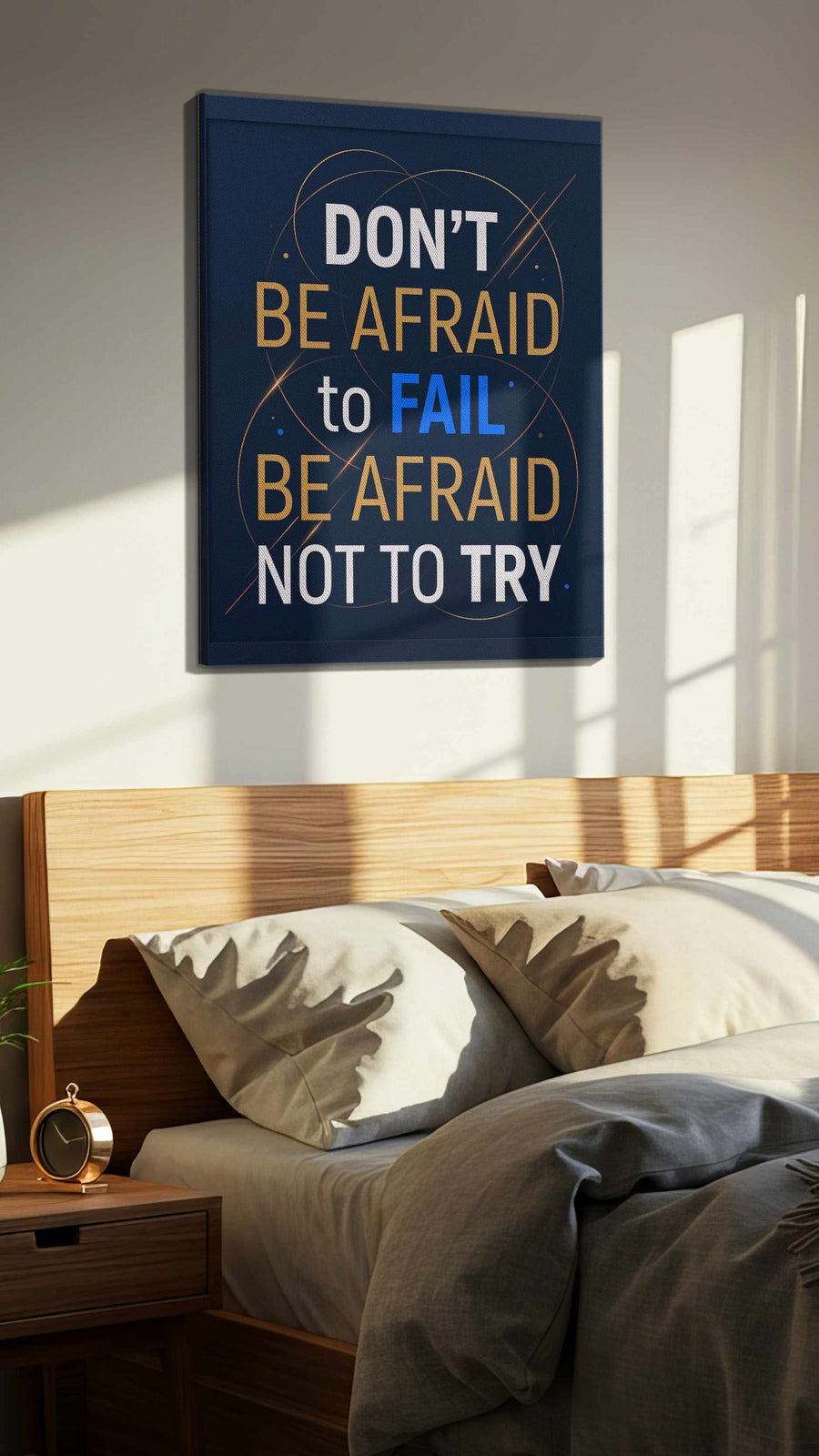 Fearless Ambition motivational canvas print, displayed in a bedroom