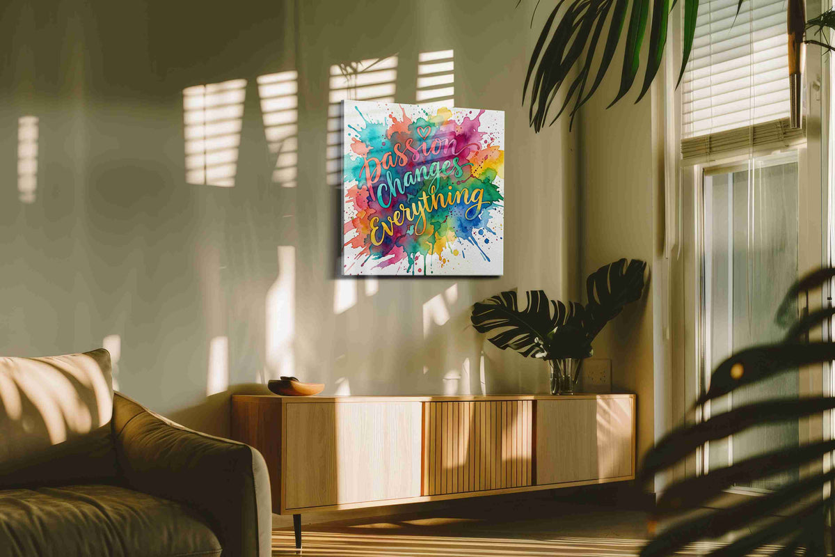 Flourish of Colorful Inspiration motivational canvas print, displayed in a living room