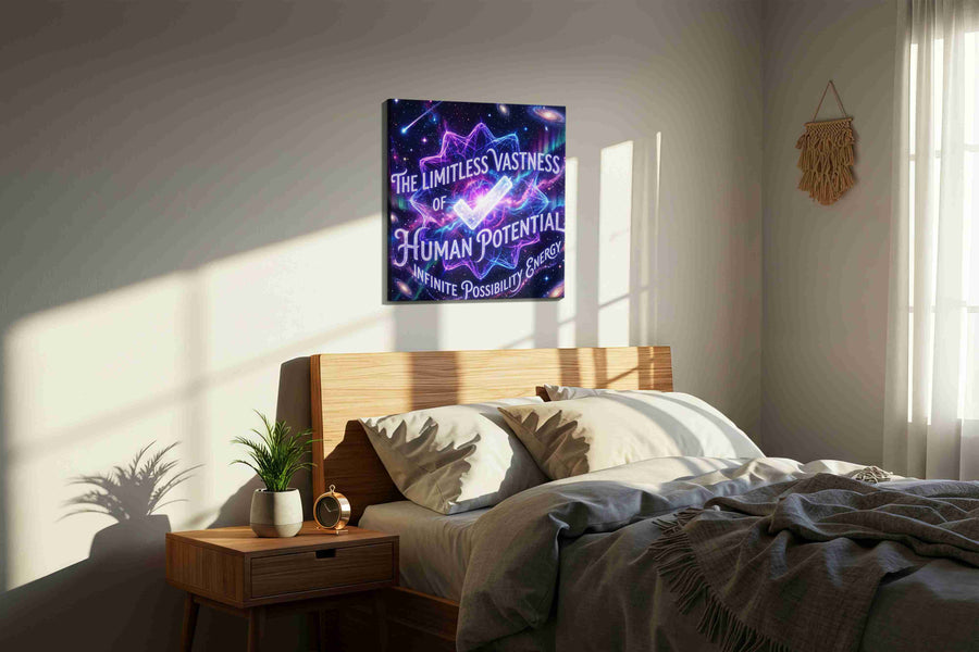Galactic Dreams Unleashed motivational canvas print, displayed in a bedroom