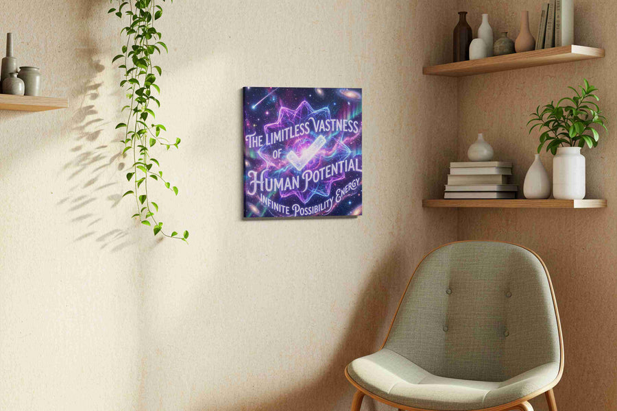 Galactic Dreams Unleashed motivational canvas print styled in a living room