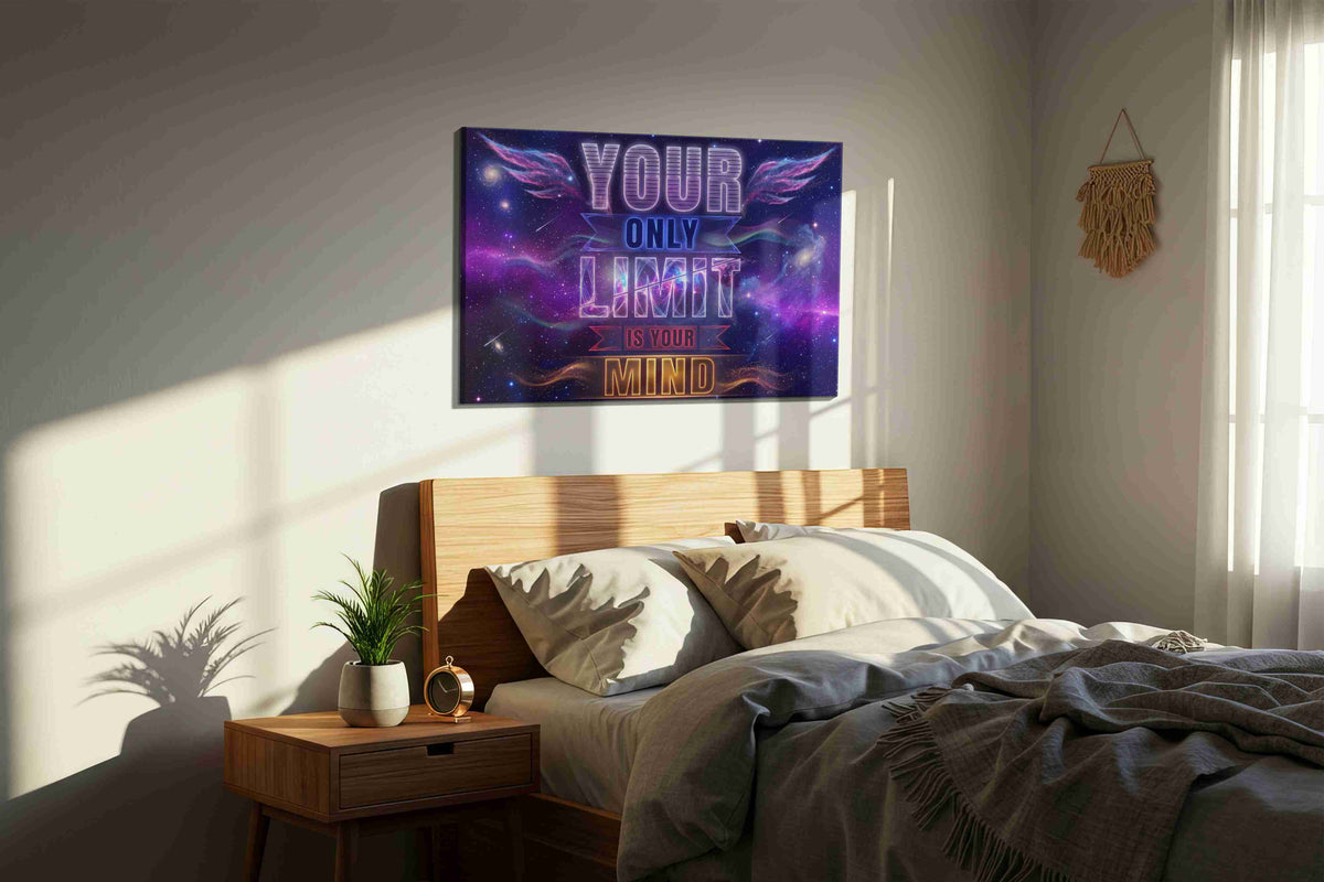Galactic Inspiration Limitless motivational canvas print, displayed in a bedroom