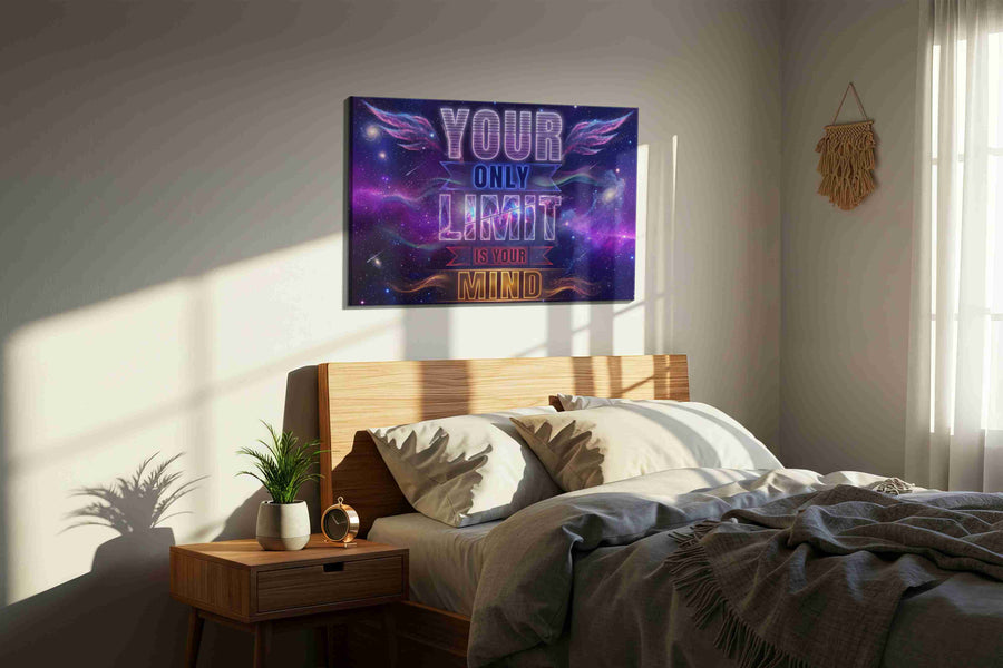 Galactic Inspiration Limitless motivational canvas print, displayed in a bedroom