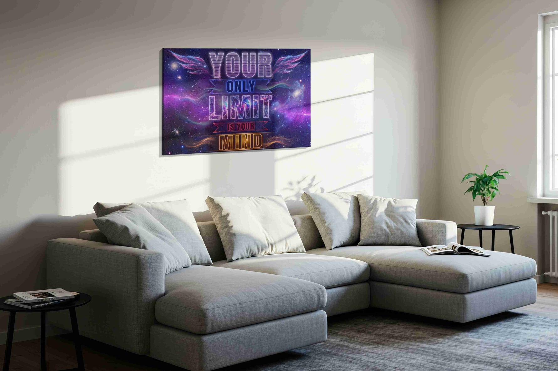 Galactic Inspiration Limitless motivational canvas print, displayed in a living room