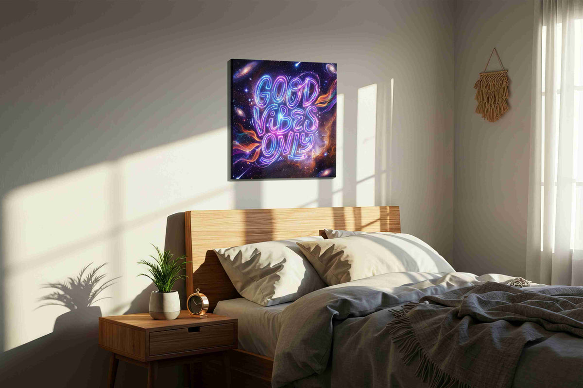 Galactic Positivity motivational canvas print, displayed in a bedroom
