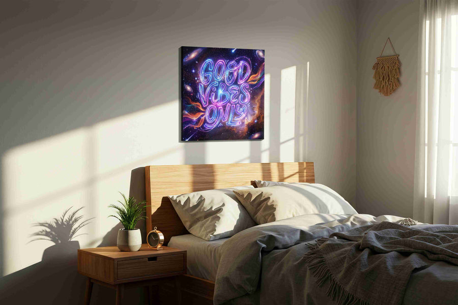 Galactic Positivity motivational canvas print, displayed in a bedroom