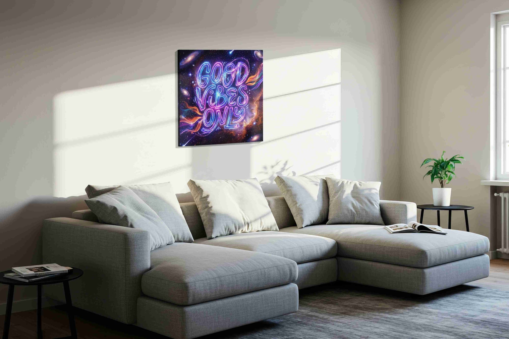Galactic Positivity motivational canvas print in a living room scene