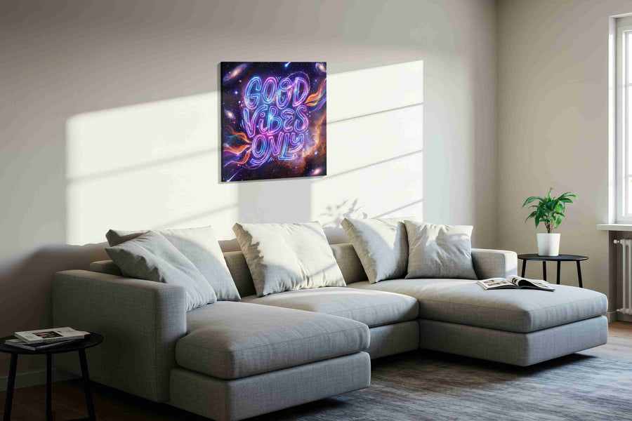 Galactic Positivity motivational canvas print in a living room scene