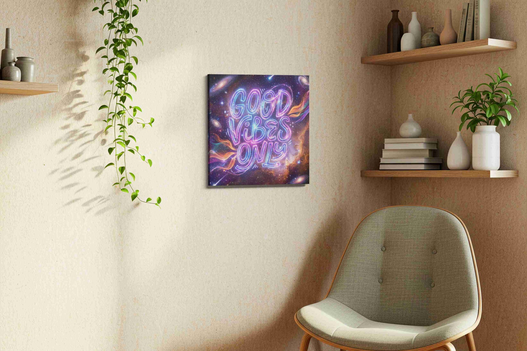 Galactic Positivity motivational canvas print, displayed in a living room