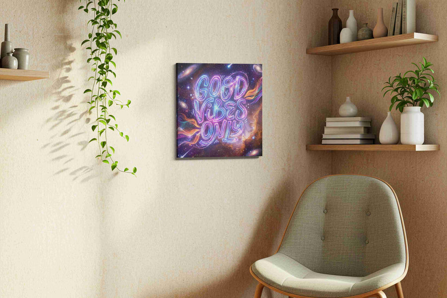 Galactic Positivity motivational canvas print, displayed in a living room