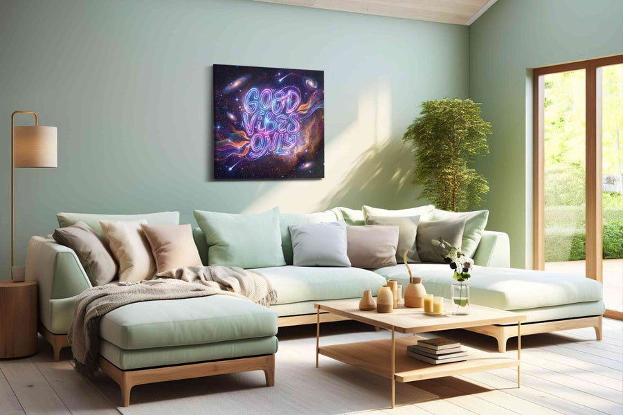 Galactic Positivity motivational canvas print, hanging on wall