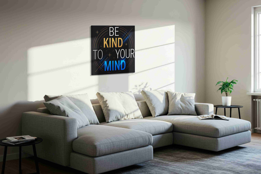 Golden Mindfulness motivational canvas print, displayed in a living room