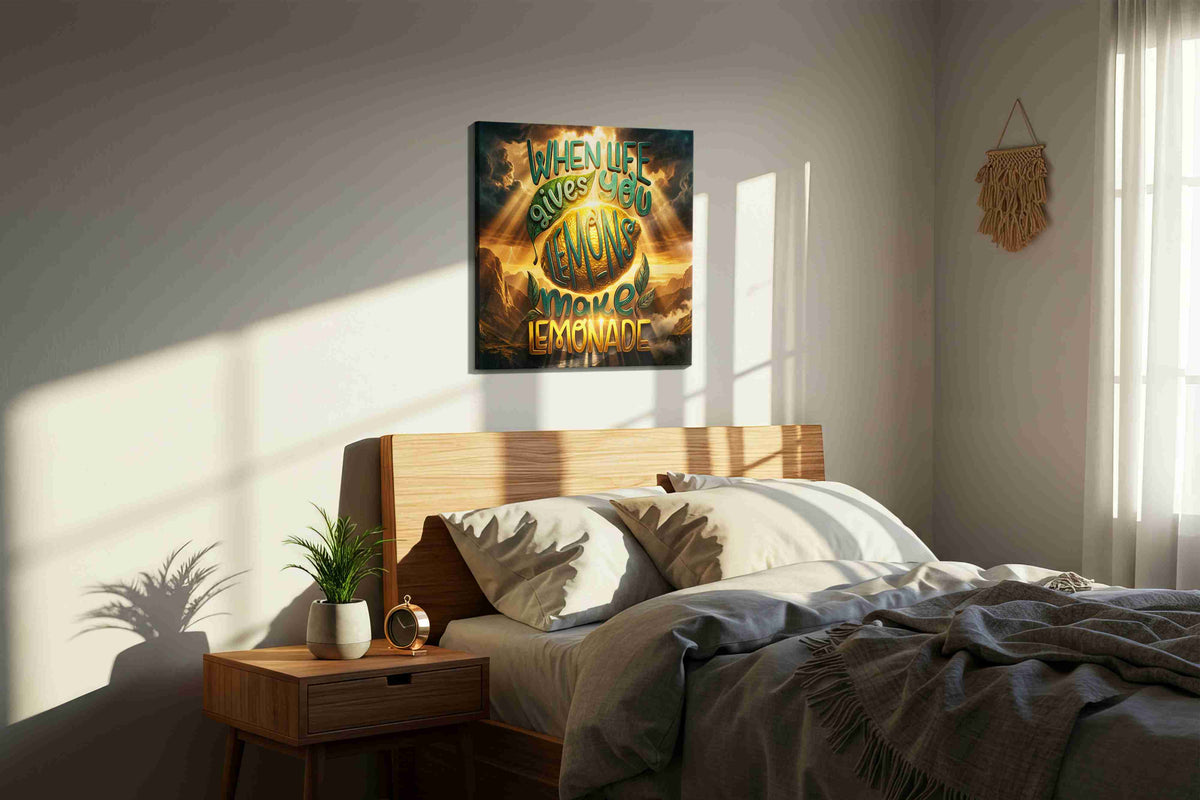 Lemonade Radiance motivational canvas print, displayed in a bedroom