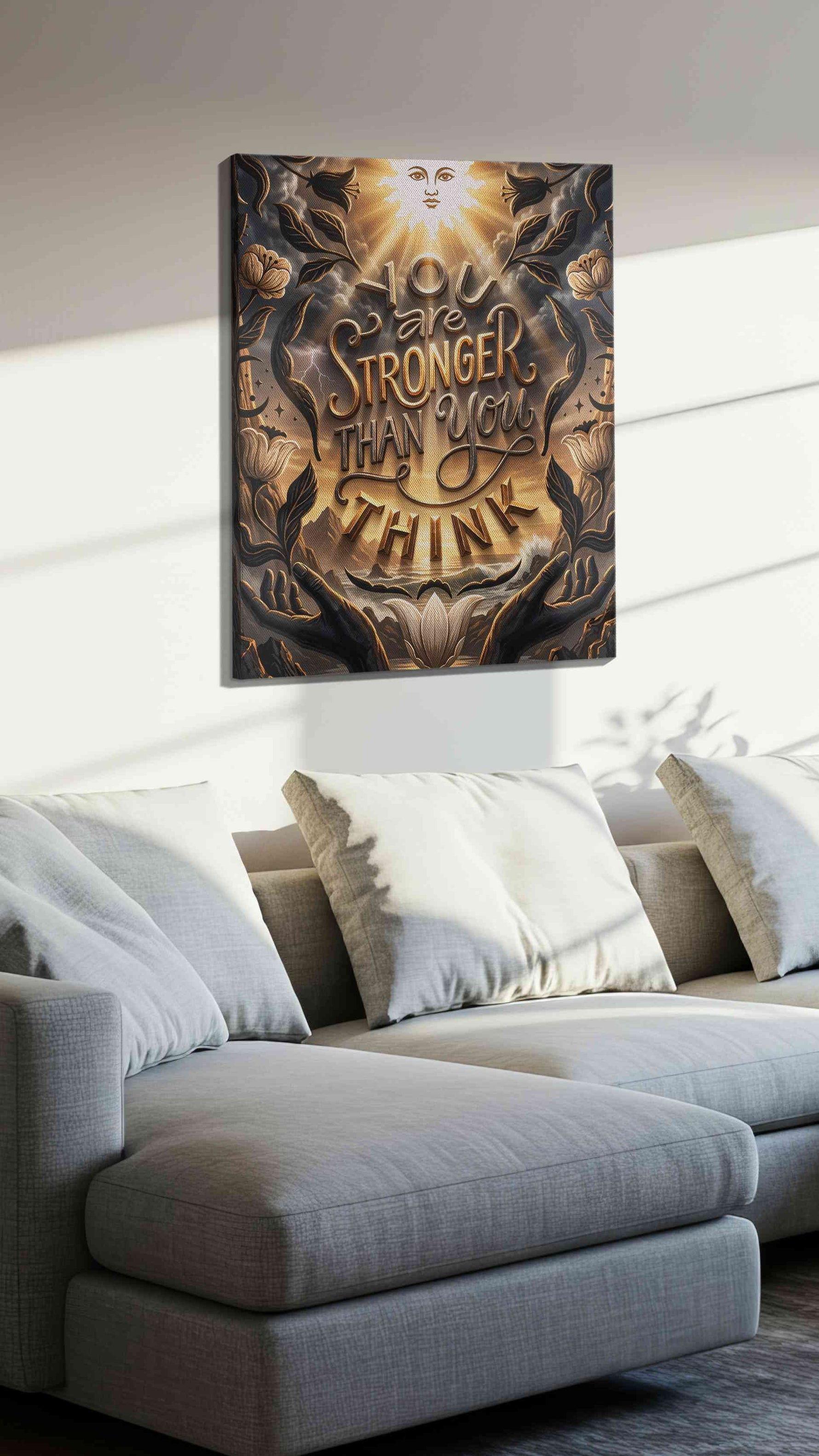 Luminous Resilience motivational canvas print, displayed in a living room