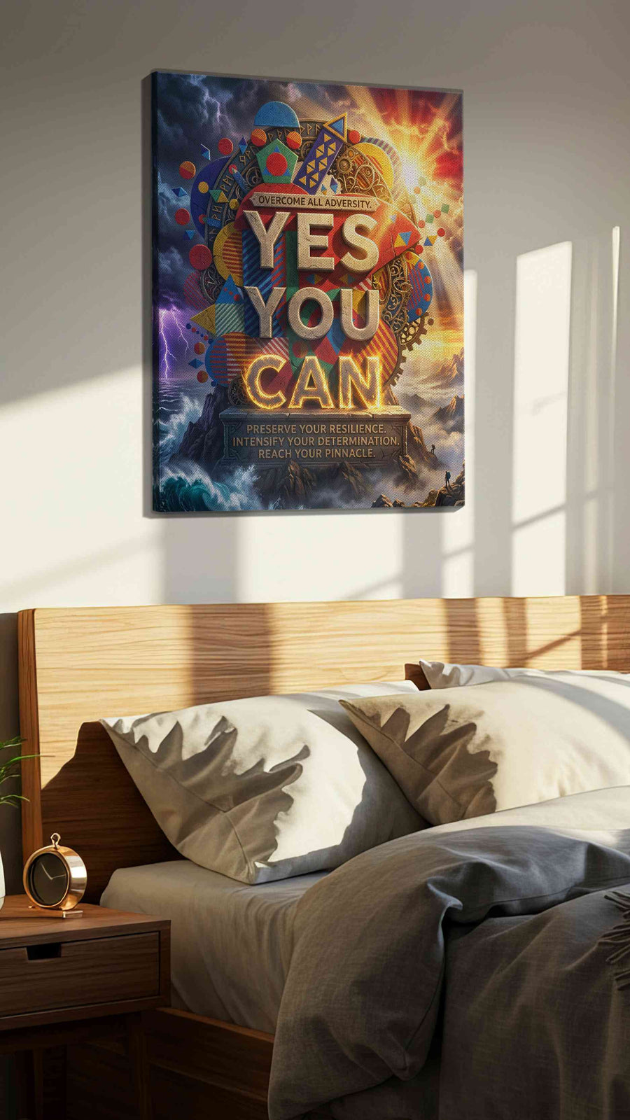 Overcoming the Elements motivational canvas print, displayed in a bedroom
