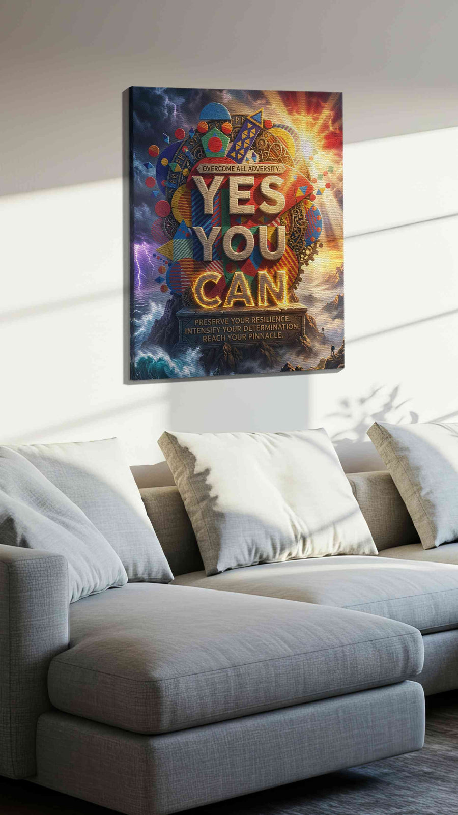 Overcoming the Elements motivational canvas print, displayed in a living room