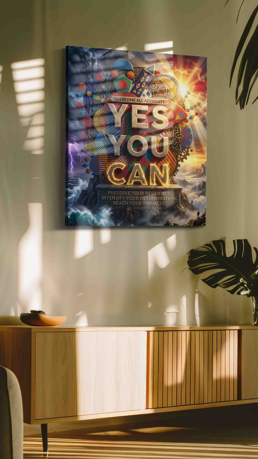Overcoming the Elements motivational canvas print in a hung canvas mockup