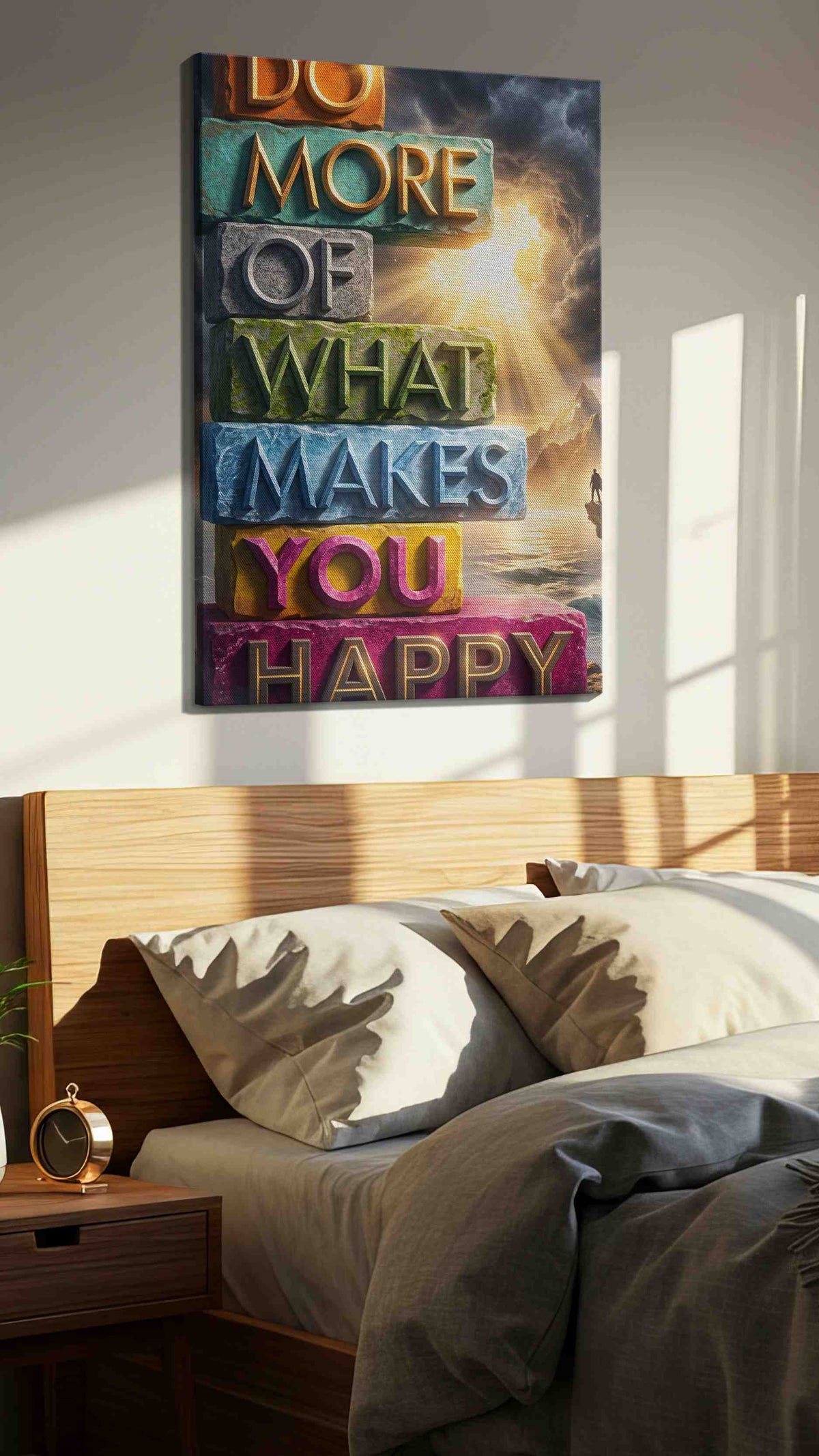 Pillars of Joyful Reflection motivational canvas print, displayed in a bedroom