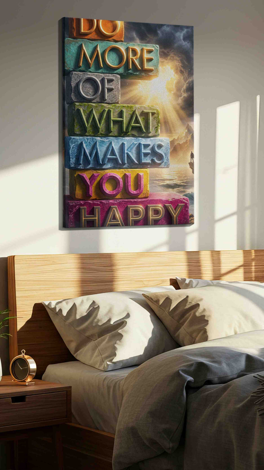 Pillars of Joyful Reflection motivational canvas print, displayed in a bedroom