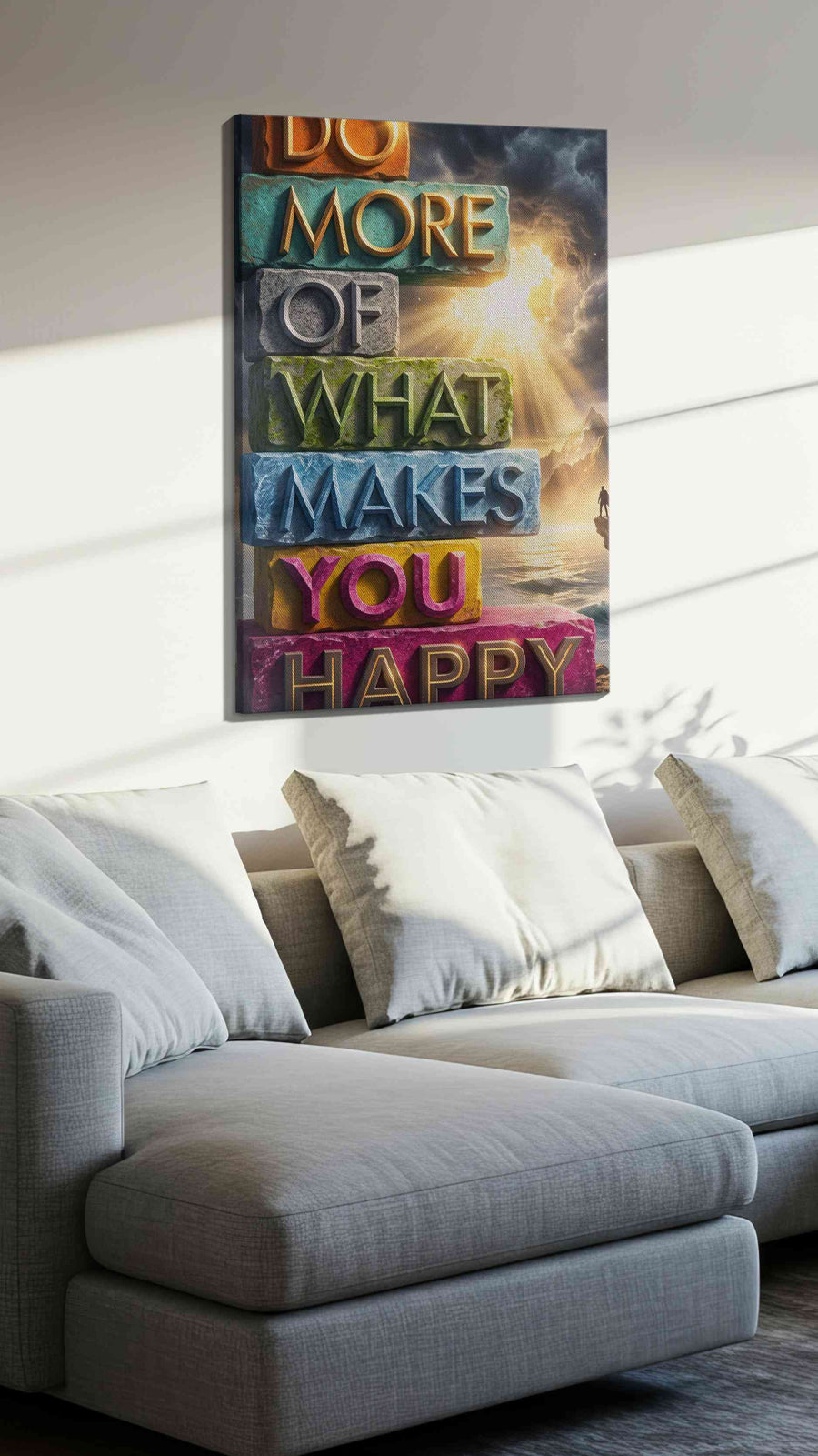 Pillars of Joyful Reflection motivational canvas print, displayed in a living room