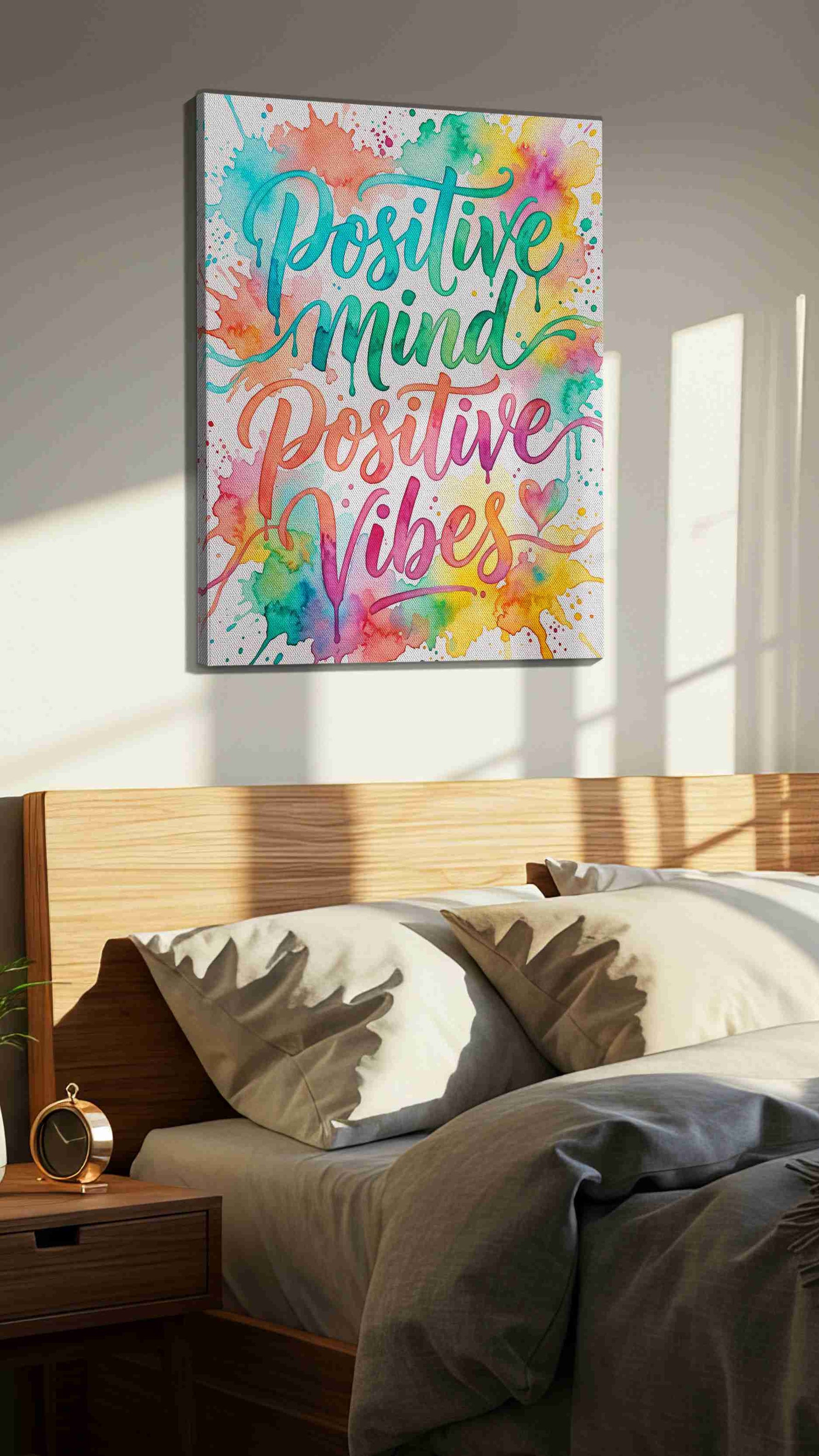 Radiant Positivity Splash motivational canvas print, displayed in a bedroom
