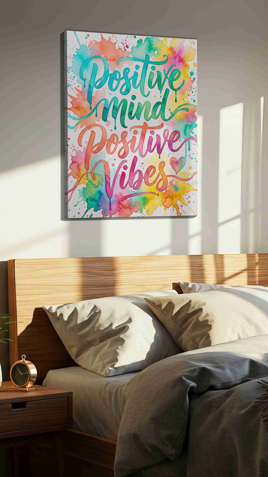 Radiant Positivity Splash motivational canvas print, displayed in a bedroom