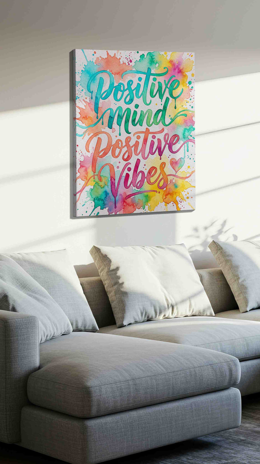 Radiant Positivity Splash motivational canvas print, displayed in a living room