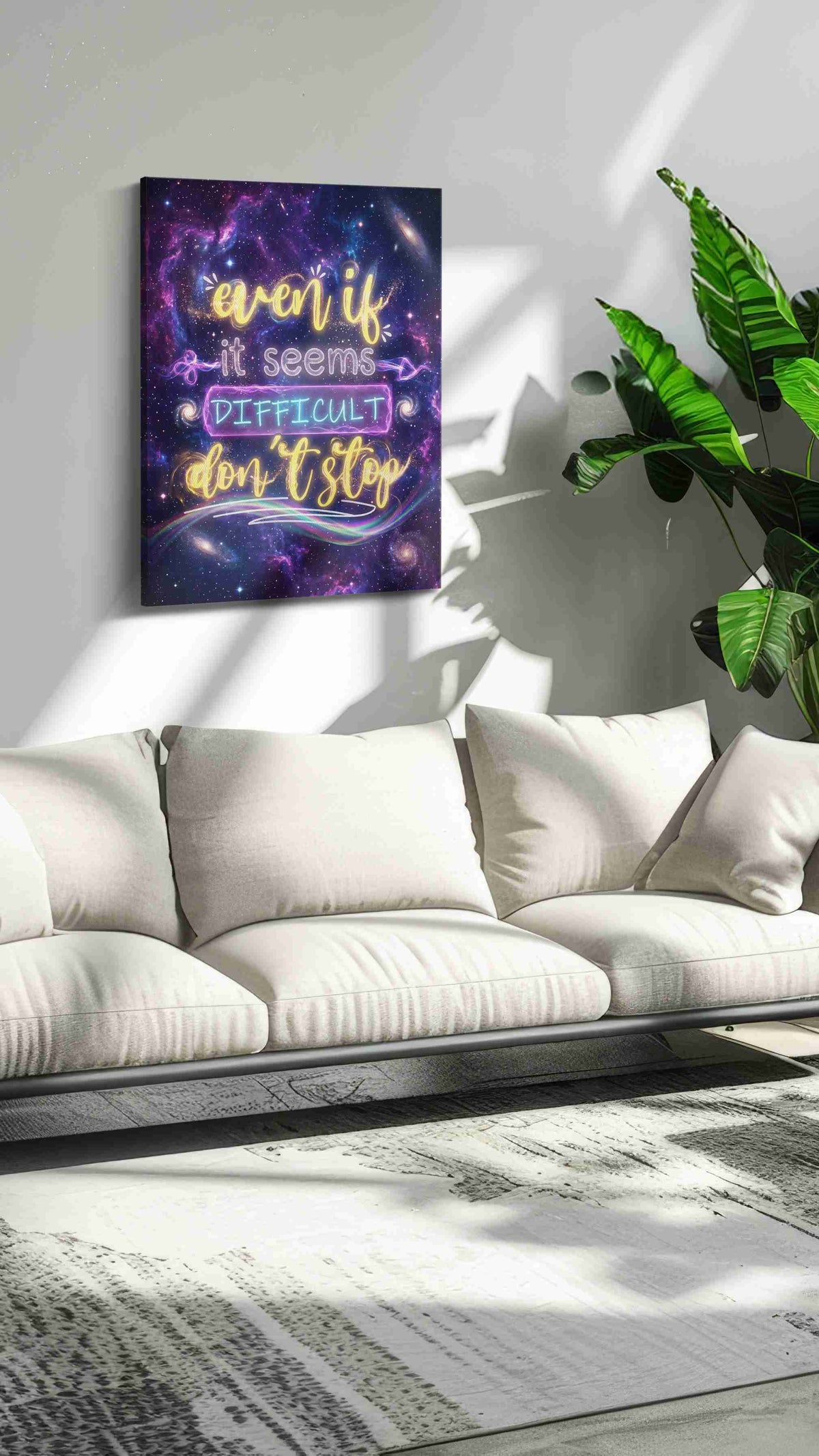 Stellar Perseverance motivational canvas print in a modern interior mockup