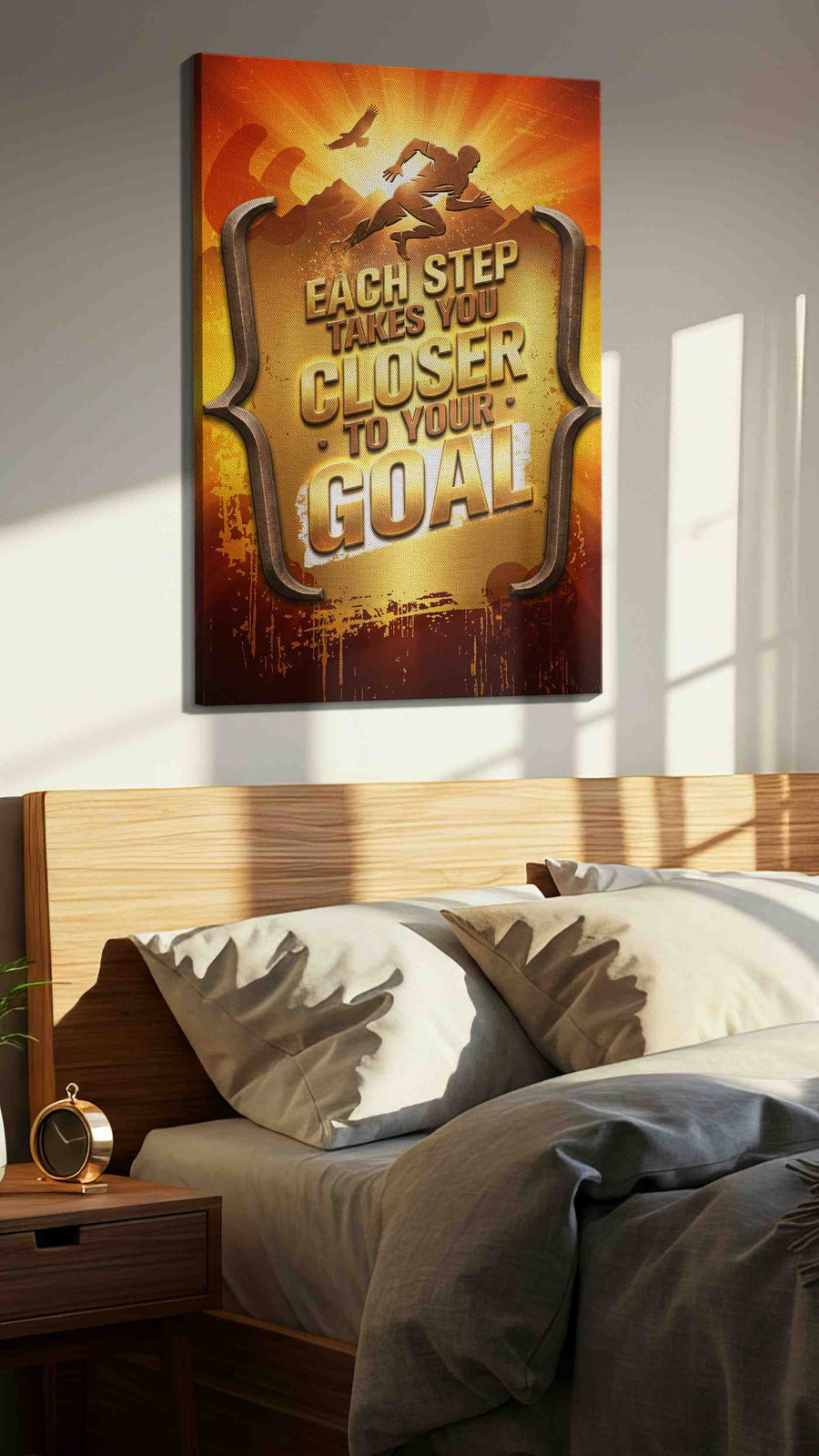 Steps Towards Glory motivational canvas print, displayed in a bedroom