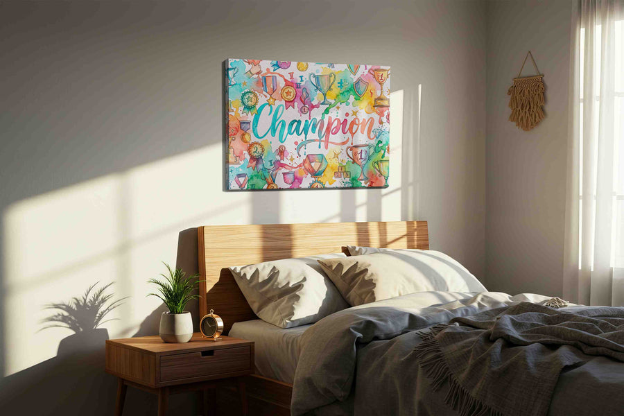 The Triumph Palette motivational canvas print, displayed in a bedroom
